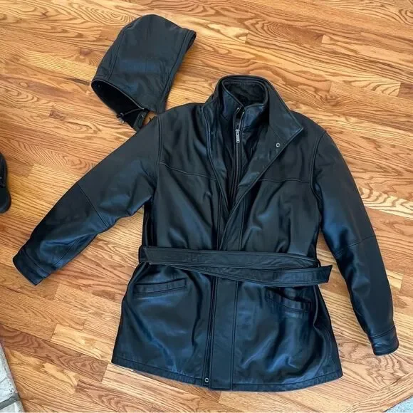 Wilsons Leather Black Leather Hooded Full-zip Coat Size L - Picture 2 of 15